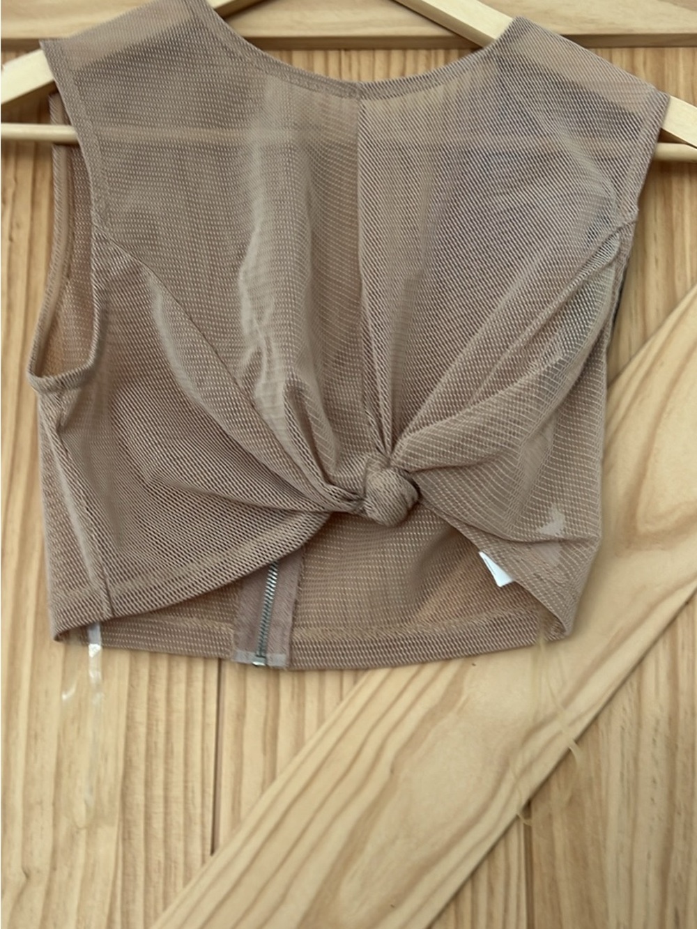Revamped Taupe Mesh Knot-Front Crop Top